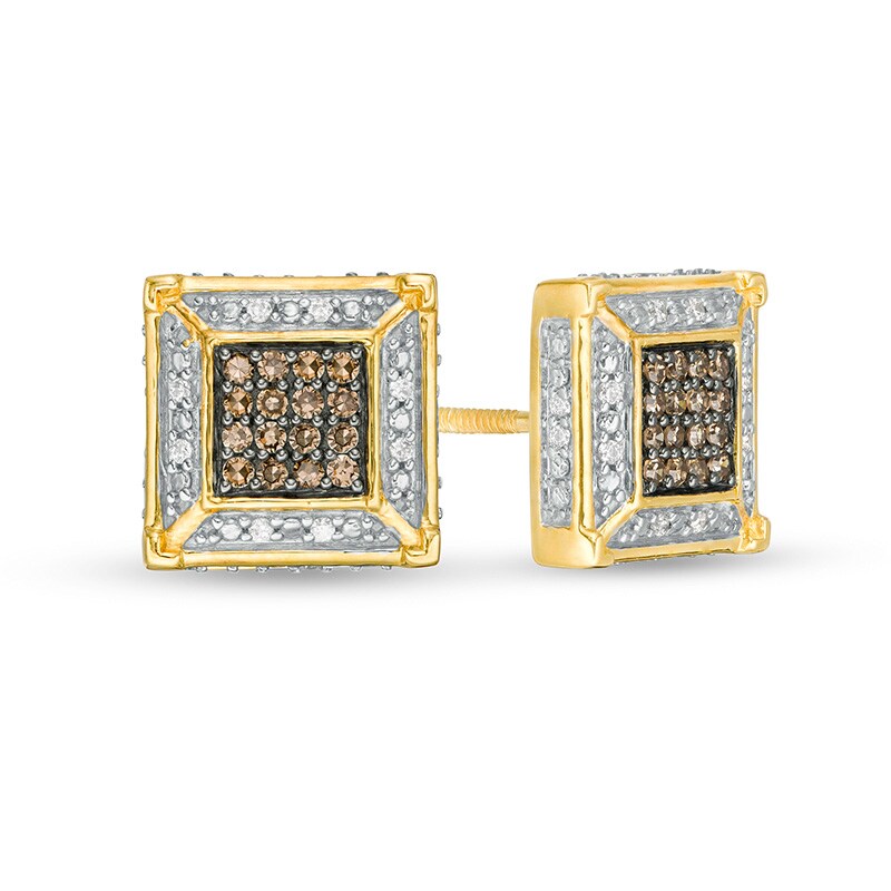 Main Image 1 of Previously Owned - Men's 1/4 CT. T.W. Square Composite Champagne and White Diamond Frame Stud Earrings in 10K Gold