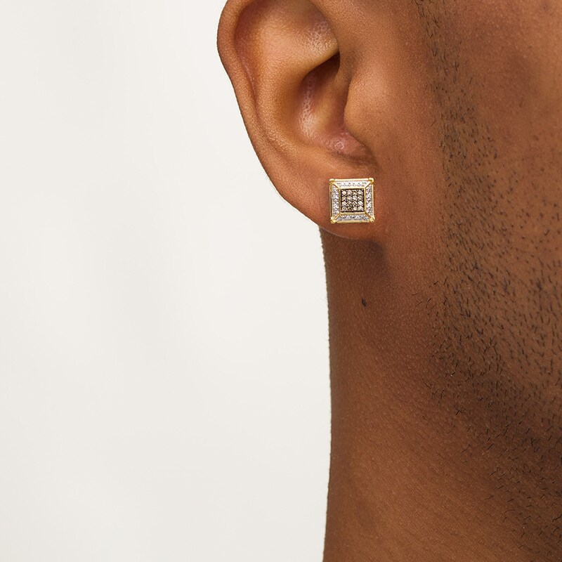 Main Image 2 of Previously Owned - Men's 1/4 CT. T.W. Square Composite Champagne and White Diamond Frame Stud Earrings in 10K Gold