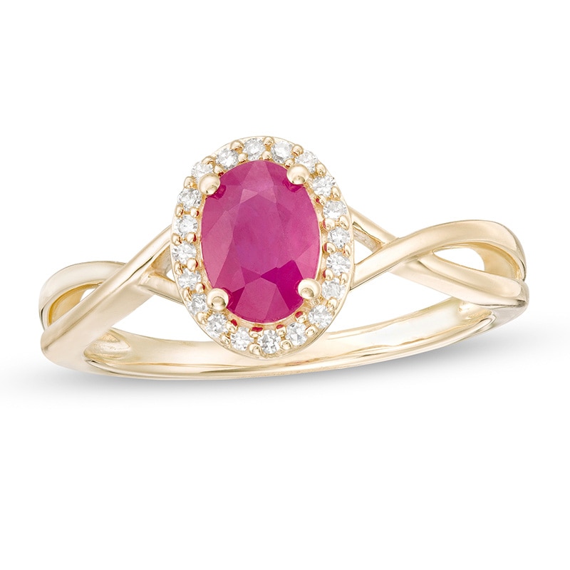 Main Image 1 of Previously Owned - Oval Ruby and 1/15 CT. T.W. Diamond Frame Twist Shank Ring in 10K Gold