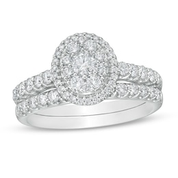 Previously Owned - 1 CT. T.W. Composite Oval Diamond Frame Bridal Set in 14K White Gold