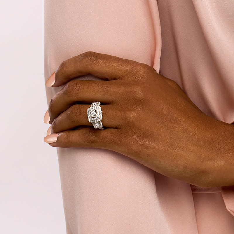 Main Image 2 of Previously Owned - 1 CT. T.W. Princess-Cut Diamond Past Present Future® Frame Engagement Ring in 10K White Gold