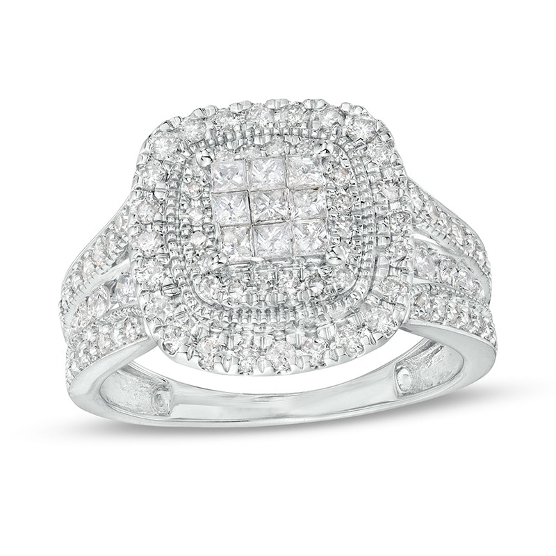 Previously Owned - 1 CT. T.W. Princess-Cut Multi-Diamond Cushion Frame Triple Row Engagement Ring in 10K White Gold