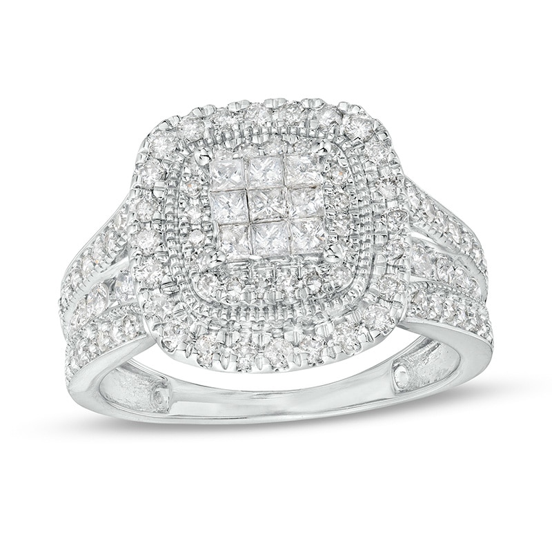 Main Image 1 of Previously Owned - 1 CT. T.W. Princess-Cut Multi-Diamond Cushion Frame Triple Row Engagement Ring in 10K White Gold