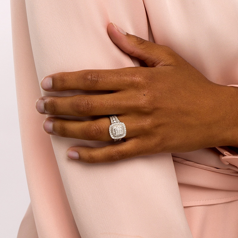 Main Image 2 of Previously Owned - 1 CT. T.W. Princess-Cut Multi-Diamond Cushion Frame Triple Row Engagement Ring in 10K White Gold