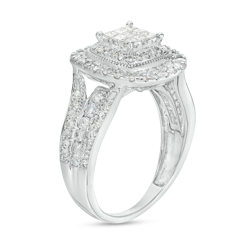 Main Image 3 of Previously Owned - 1 CT. T.W. Princess-Cut Multi-Diamond Cushion Frame Triple Row Engagement Ring in 10K White Gold