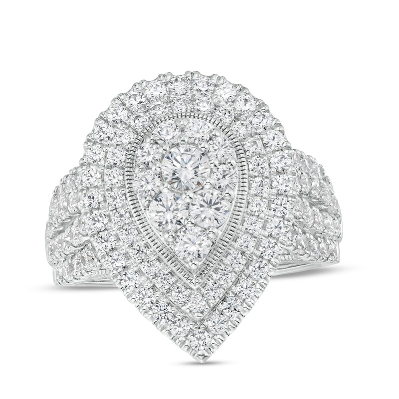 Main Image 1 of Previously Owned - 2 CT. T.W. Pear-Shaped Multi-Diamond Double Frame Multi-Row Engagement Ring in 10K White Gold