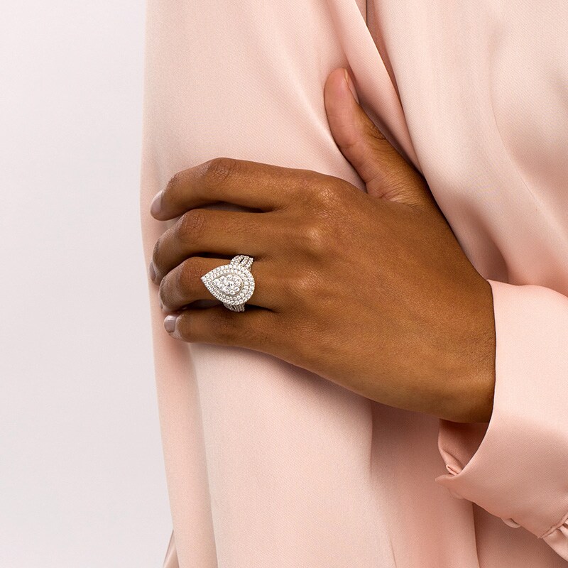 Main Image 2 of Previously Owned - 2 CT. T.W. Pear-Shaped Multi-Diamond Double Frame Multi-Row Engagement Ring in 10K White Gold