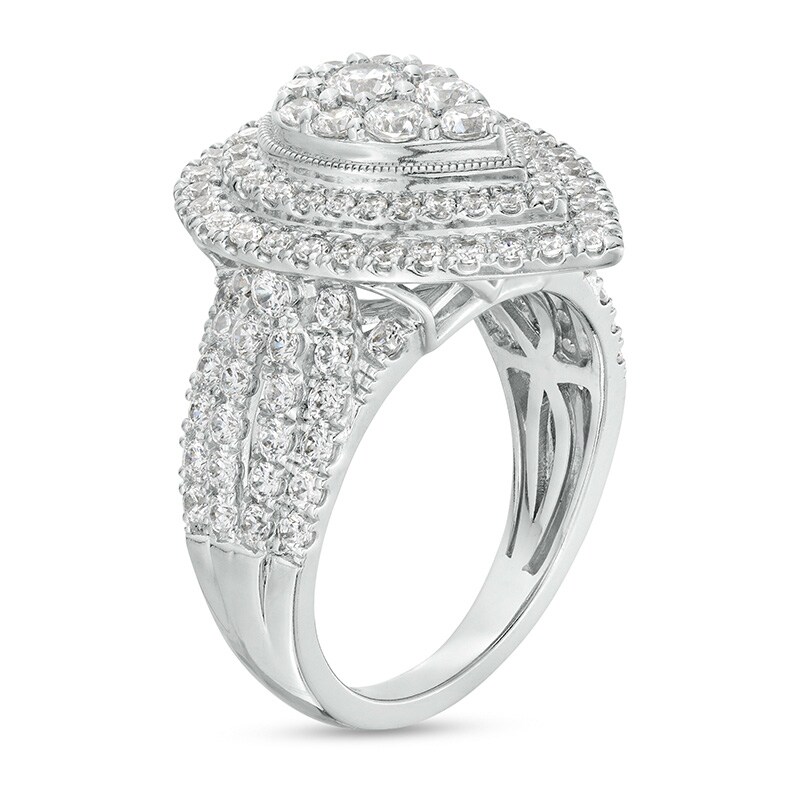 Main Image 3 of Previously Owned - 2 CT. T.W. Pear-Shaped Multi-Diamond Double Frame Multi-Row Engagement Ring in 10K White Gold