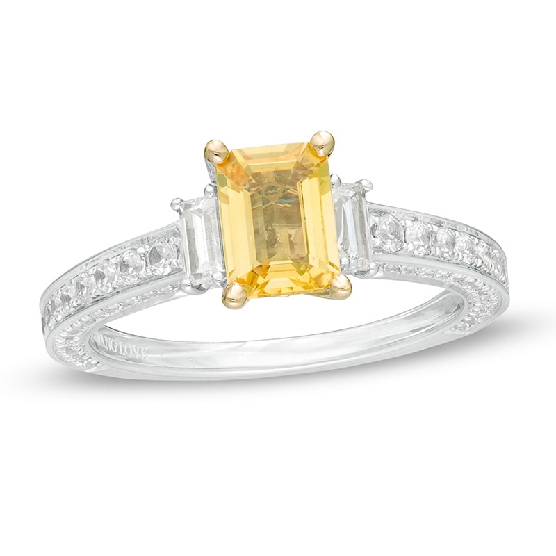 Main Image 1 of Previously Owned - Vera Wang Love Collection Octagonal Sapphire and 3/4 CT. T.W. Diamond Ring in 14K Two-Tone Gold