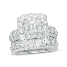 Previously Owned - 4 CT. T.W.  Emerald-Cut Diamond Double Frame Multi-Row Bridal Set in 14K White Gold (I/I1)