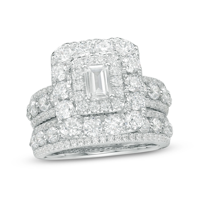 Main Image 1 of Previously Owned - 4 CT. T.W.  Emerald-Cut Diamond Double Frame Multi-Row Bridal Set in 14K White Gold (I/I1)