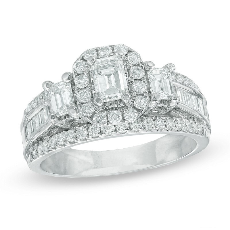 Main Image 1 of Previously Owned - 1-1/2 CT. T.W. Emerald-Cut Diamond Frame Past Present Future® Ring in 14K White Gold