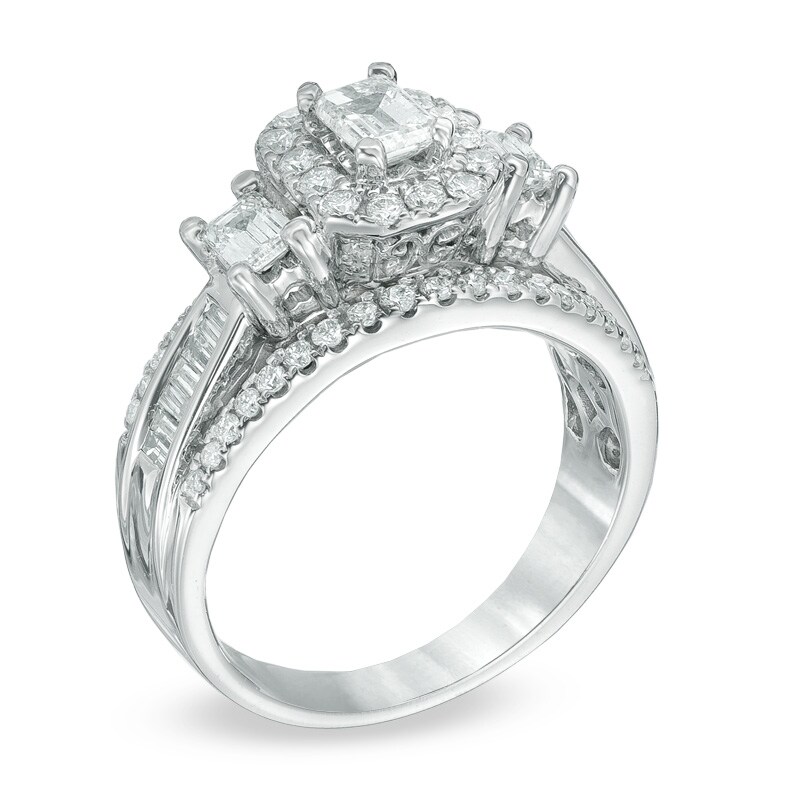 Main Image 2 of Previously Owned - 1-1/2 CT. T.W. Emerald-Cut Diamond Frame Past Present Future® Ring in 14K White Gold