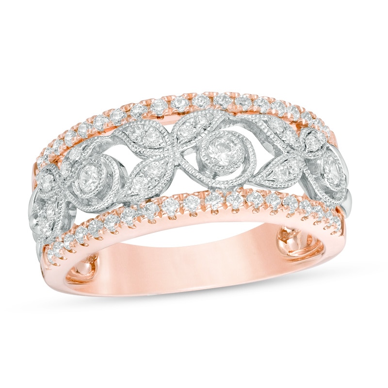 Main Image 1 of Previously Owned - 1/2 CT. T.W. Diamond Vine with Leaves Vintage-Style Anniversary Band in 10K Two-Tone Gold