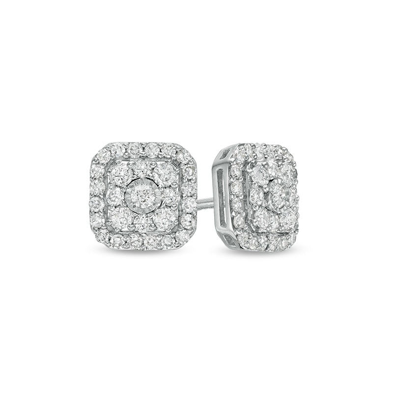 Main Image 1 of Previously Owned - 1/2 CT. T.W. Cushion-Shaped Multi-Diamond Frame Stud Earrings in 10K White Gold