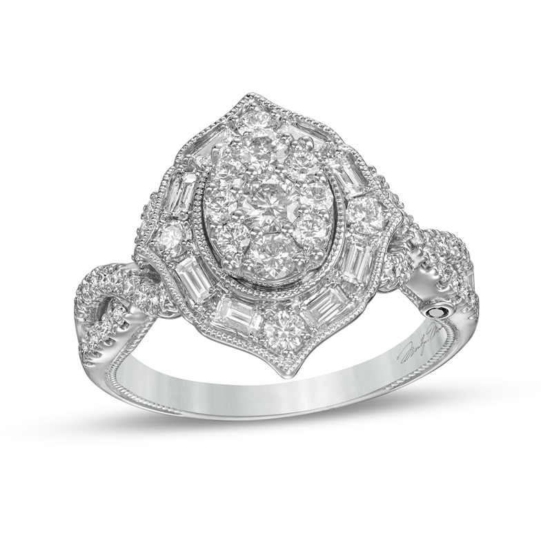 Main Image 1 of Previously Owned - Marilyn Monroe™ Collection 1 CT. T.W. Oval Multi-Diamond Frame Twist Shank Ring in 14K White Gold