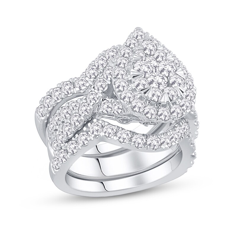 Main Image 1 of Previously Owned - 2 CT. T.W. Pear-Shaped Multi-Diamond Three Piece Bridal Set in 14K White Gold