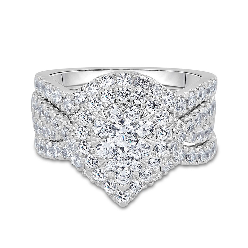 Main Image 4 of Previously Owned - 2 CT. T.W. Pear-Shaped Multi-Diamond Three Piece Bridal Set in 14K White Gold