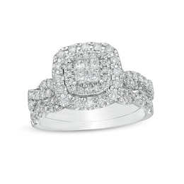 Previously Owned - 1 CT. T.W. Quad Princess-Cut Diamond Double Cushion Frame Twist Shank Bridal Set in 14K White Gold