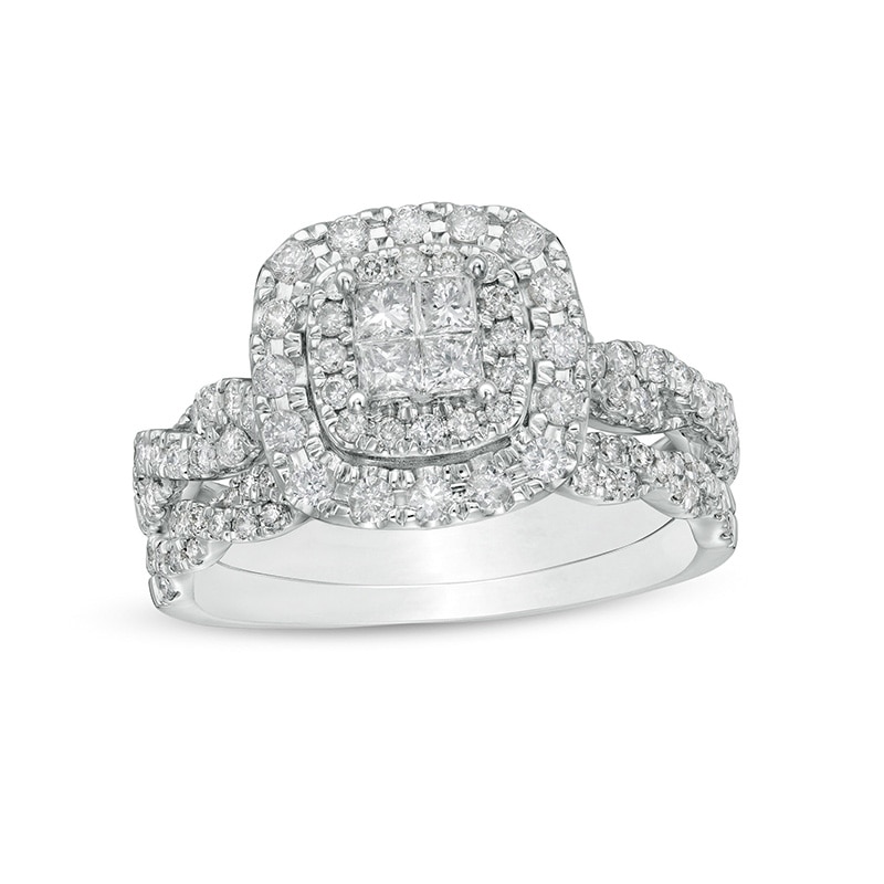 Main Image 1 of Previously Owned - 1 CT. T.W. Quad Princess-Cut Diamond Double Cushion Frame Twist Shank Bridal Set in 14K White Gold