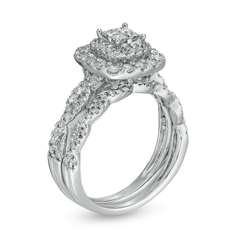 Main Image 3 of Previously Owned - 1 CT. T.W. Quad Princess-Cut Diamond Double Cushion Frame Twist Shank Bridal Set in 14K White Gold