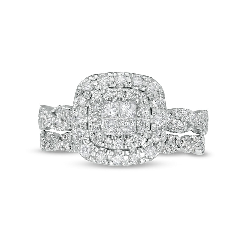 Main Image 4 of Previously Owned - 1 CT. T.W. Quad Princess-Cut Diamond Double Cushion Frame Twist Shank Bridal Set in 14K White Gold