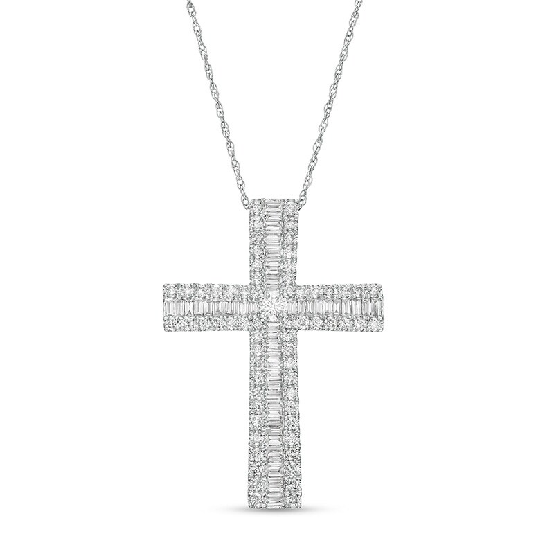 Main Image 1 of Previously Owned - 1 CT. T.W. Baguette and Round Diamond Triple Row Cross Pendant in 10K White Gold
