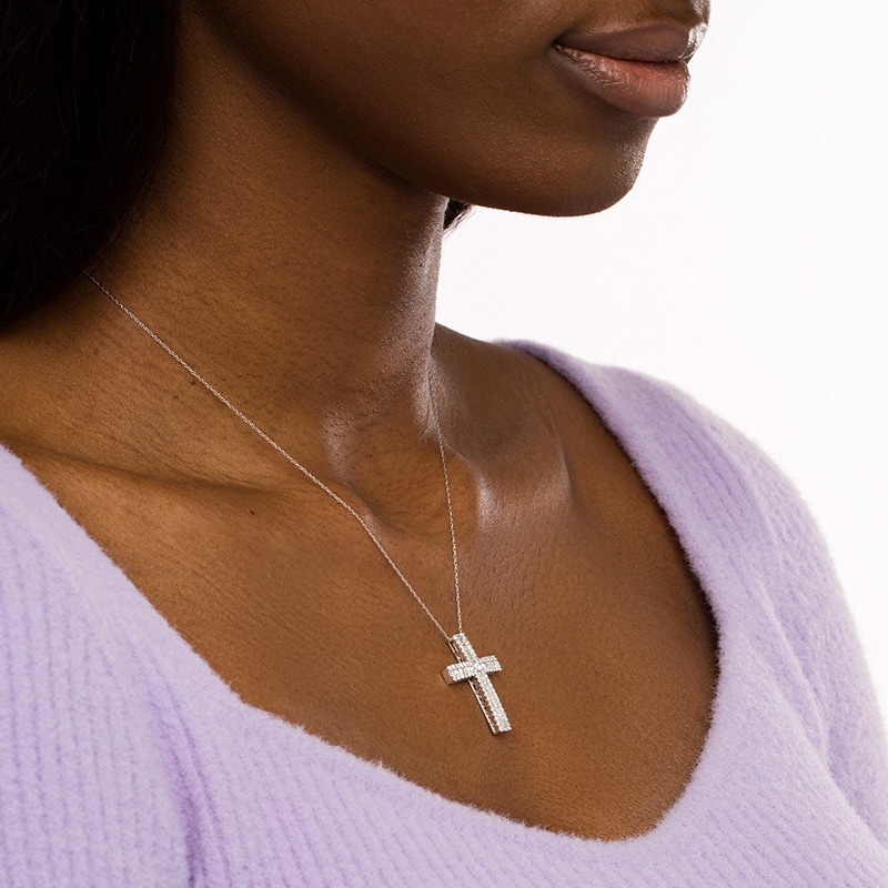 Main Image 2 of Previously Owned - 1 CT. T.W. Baguette and Round Diamond Triple Row Cross Pendant in 10K White Gold