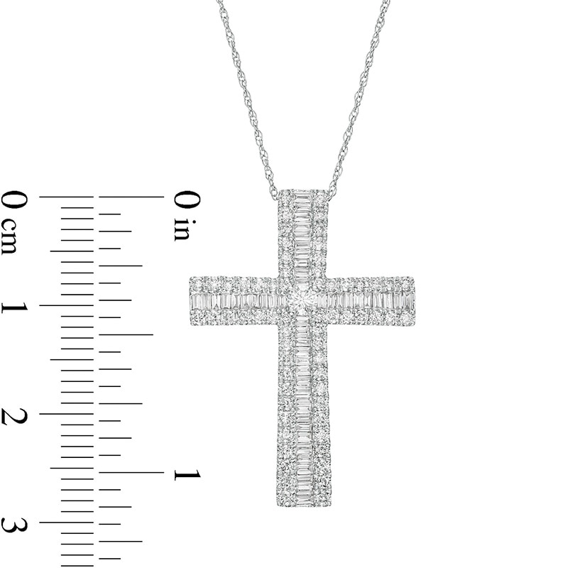 Main Image 3 of Previously Owned - 1 CT. T.W. Baguette and Round Diamond Triple Row Cross Pendant in 10K White Gold