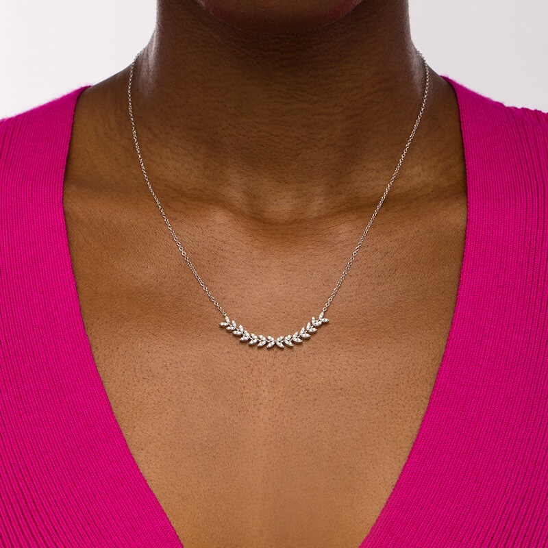 Main Image 2 of Previously Owned - 1/3 CT. T.W. Diamond Curved Leaf Necklace in 10K White Gold