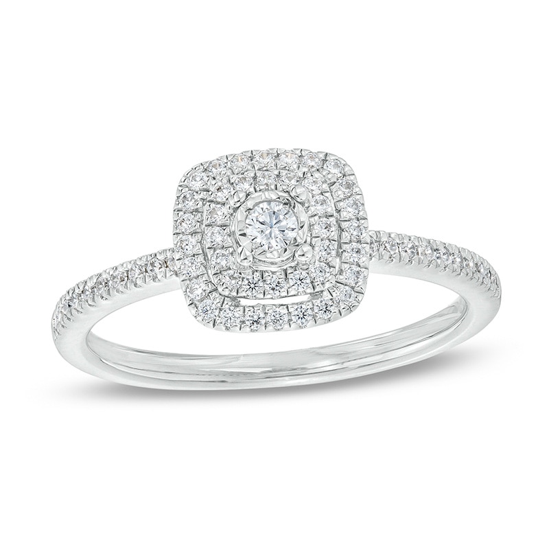 Main Image 1 of Previously Owned - 1/4 CT. T.W. Diamond Double Cushion-Shaped Frame Engagement Ring in 10K White Gold (J/I3)