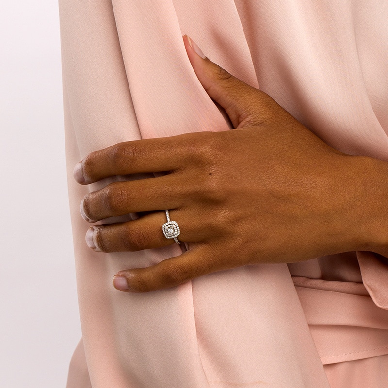 Main Image 2 of Previously Owned - 1/4 CT. T.W. Diamond Double Cushion-Shaped Frame Engagement Ring in 10K White Gold (J/I3)