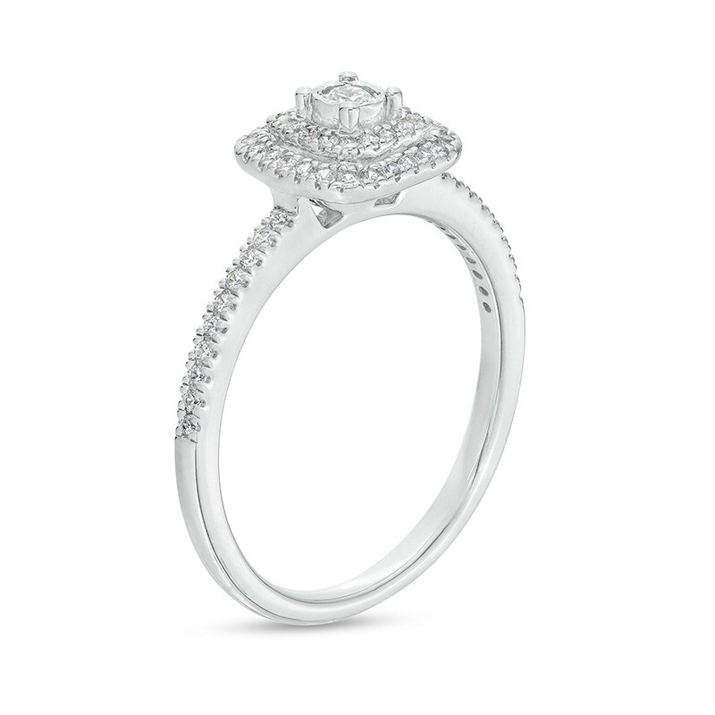 Main Image 3 of Previously Owned - 1/4 CT. T.W. Diamond Double Cushion-Shaped Frame Engagement Ring in 10K White Gold (J/I3)