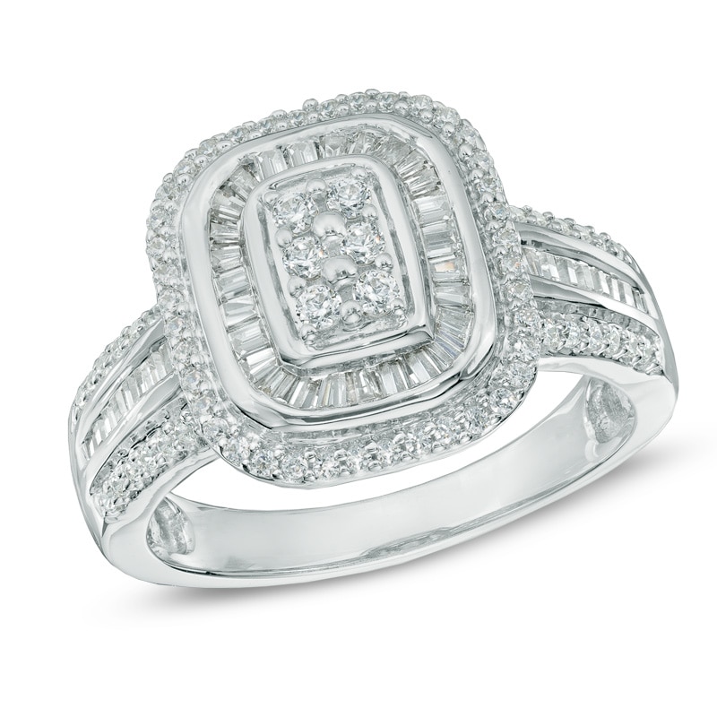 Main Image 1 of Previously Owned - 3/4 CT. T.W. Multi-Diamond Rectangular Double Frame Ring in 10K White Gold