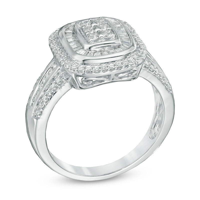 Main Image 2 of Previously Owned - 3/4 CT. T.W. Multi-Diamond Rectangular Double Frame Ring in 10K White Gold