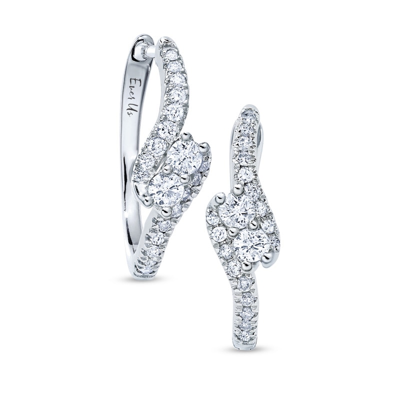 Main Image 1 of Previously Owned - Ever Us™ 3/8 CT. T.W. Two-Stone Diamond Swirl Hoop Earrings in 14K White Gold