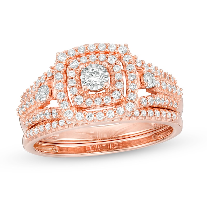 Main Image 1 of Previously Owned - 1/2 CT. T.W. Diamond Double Cushion Frame Vintage-Style Bridal Set in 10K Rose Gold