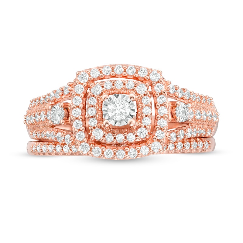 Main Image 4 of Previously Owned - 1/2 CT. T.W. Diamond Double Cushion Frame Vintage-Style Bridal Set in 10K Rose Gold