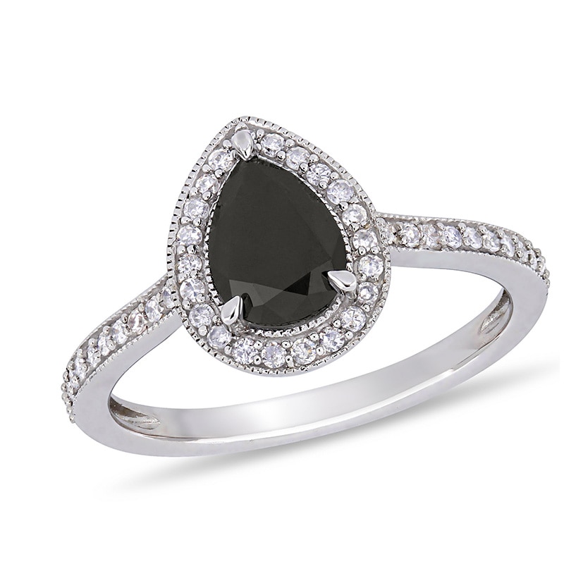 Main Image 1 of Previously Owned - 1-1/5 CT. T.W. Pear Black and White Diamond Frame Vintage-Style Engagement Ring in 10K White Gold