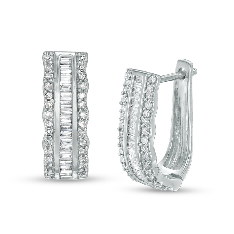 Main Image 1 of Previously Owned - 1/2 CT. T.W. Baguette and Round Diamond Three-Row Hoop Earrings in Sterling Silver