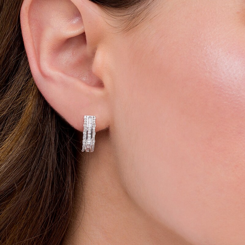 Main Image 2 of Previously Owned - 1/2 CT. T.W. Baguette and Round Diamond Three-Row Hoop Earrings in Sterling Silver