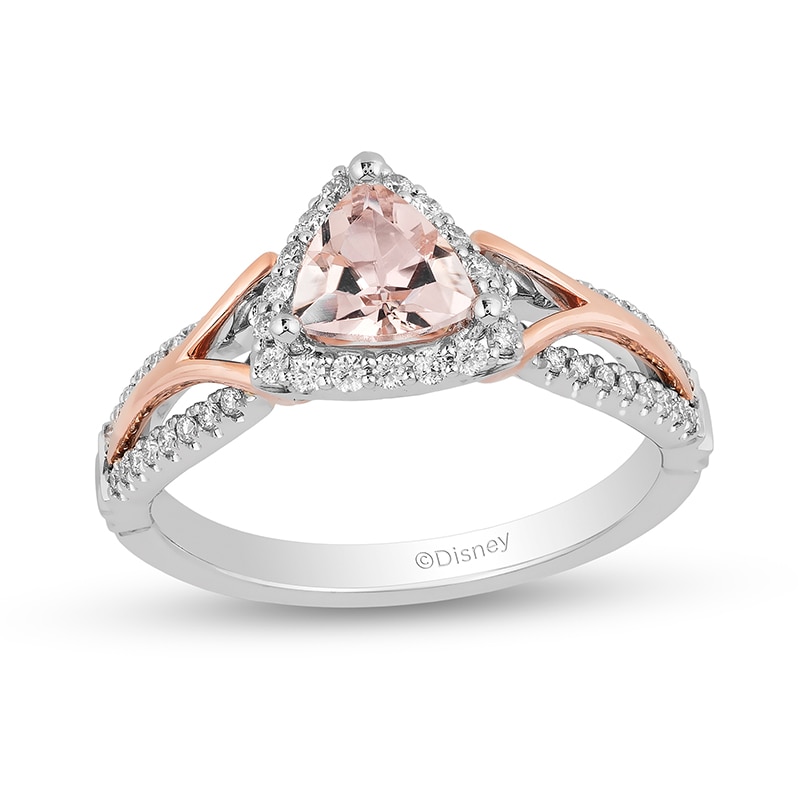 Main Image 1 of Previously Owned - Enchanted Disney Aurora 6.0mm Trillion Morganite and 1/4 CT. T.W. Diamond Ring in 14K Two-Tone Gold