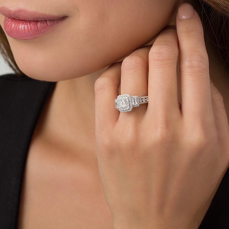 Main Image 3 of Previously Owned - 1-1/2 CT. T.W. Emerald Diamond Past Present Future® Vintage-Style Engagement Ring in 14K White Gold