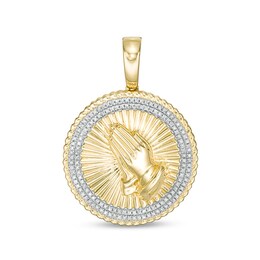 Previously Owned - Men's 1/5 CT. T.W. Diamond Textured Rope Frame Praying Hands Medallion Necklace Charm in 10K Gold