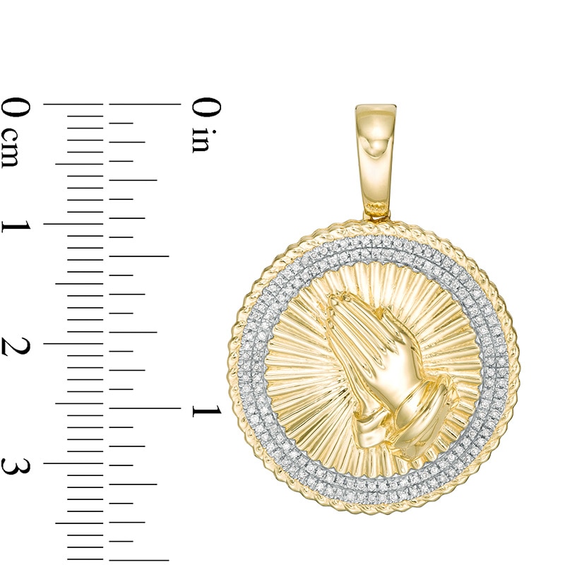 Main Image 2 of Previously Owned - 1/5 CT. T.W. Diamond Textured Rope Frame Praying Hands Medallion Necklace Charm in 10K Gold