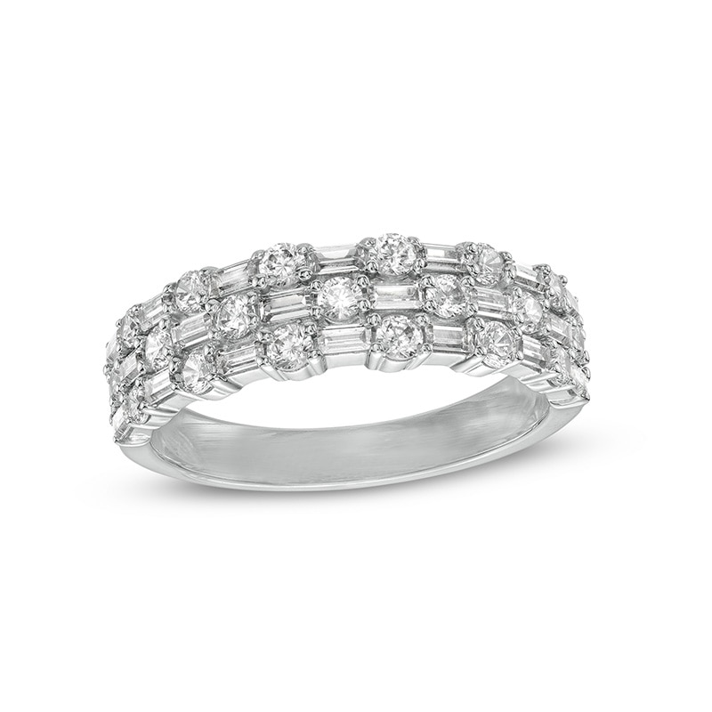 Previously Owned - 1 CT. T.W. Baguette and Round Diamond Alternating Multi-Row Band in 10K White Gold