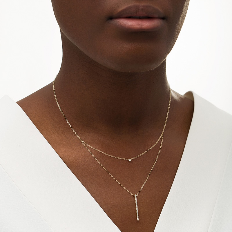 Main Image 2 of Previously Owned - 1/5 CT. T.W. Diamond Linear Bar Double Strand Necklace in 10K Gold - 20"