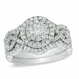 Previously Owned - 1-1/5 CT. T.W. Diamond Cluster Bridal Set in 14K White Gold