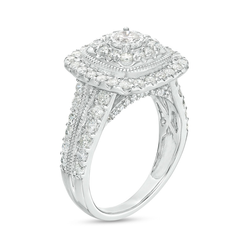 Main Image 3 of Previously Owned - 1-1/2 CT. T.W. Diamond Double Cushion Frame Vintage-Style Engagement Ring in 10K White Gold (J/I3)