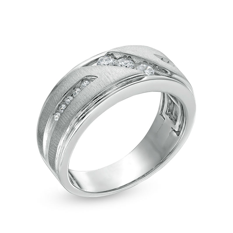 Main Image 3 of Previously Owned - 1/3 CT. T.W. Diamond Three Stone Slant Wedding Band in 10K White Gold
